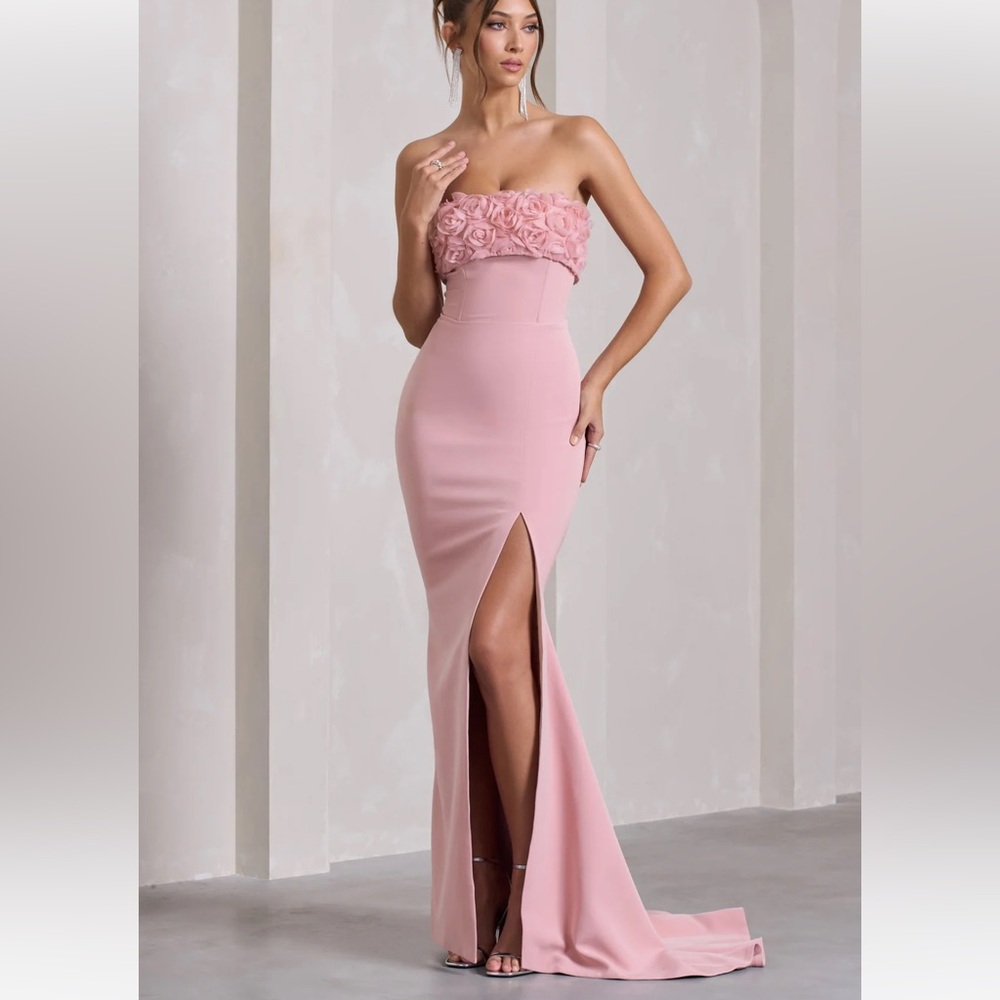 Club London Allegra|Pink Bandeau Split Fishtail Maxi Dress with Flowers